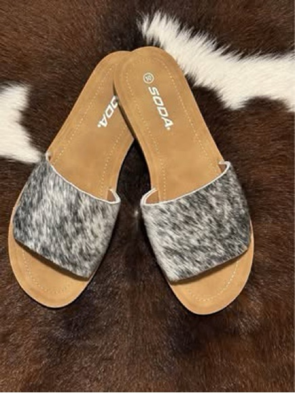 Soda Gray Haircalf Slide Sandals with Tan Footbed